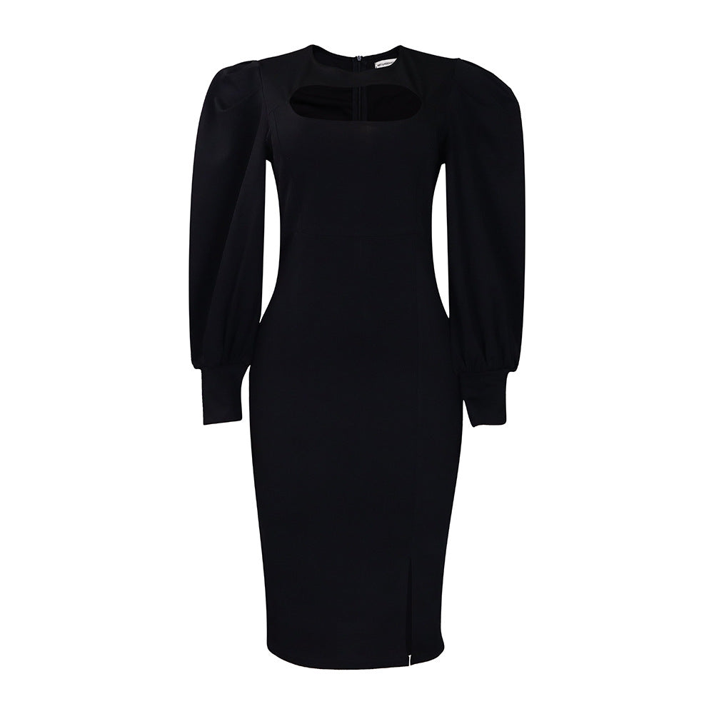 Damen Midi-Kleid Raffinierter Ausschnitt Voluminöse Puffärmel