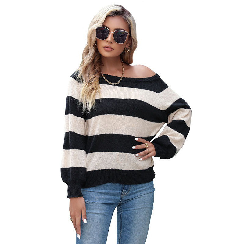 Damen Pullover Streifen Off-Shoulder Beige