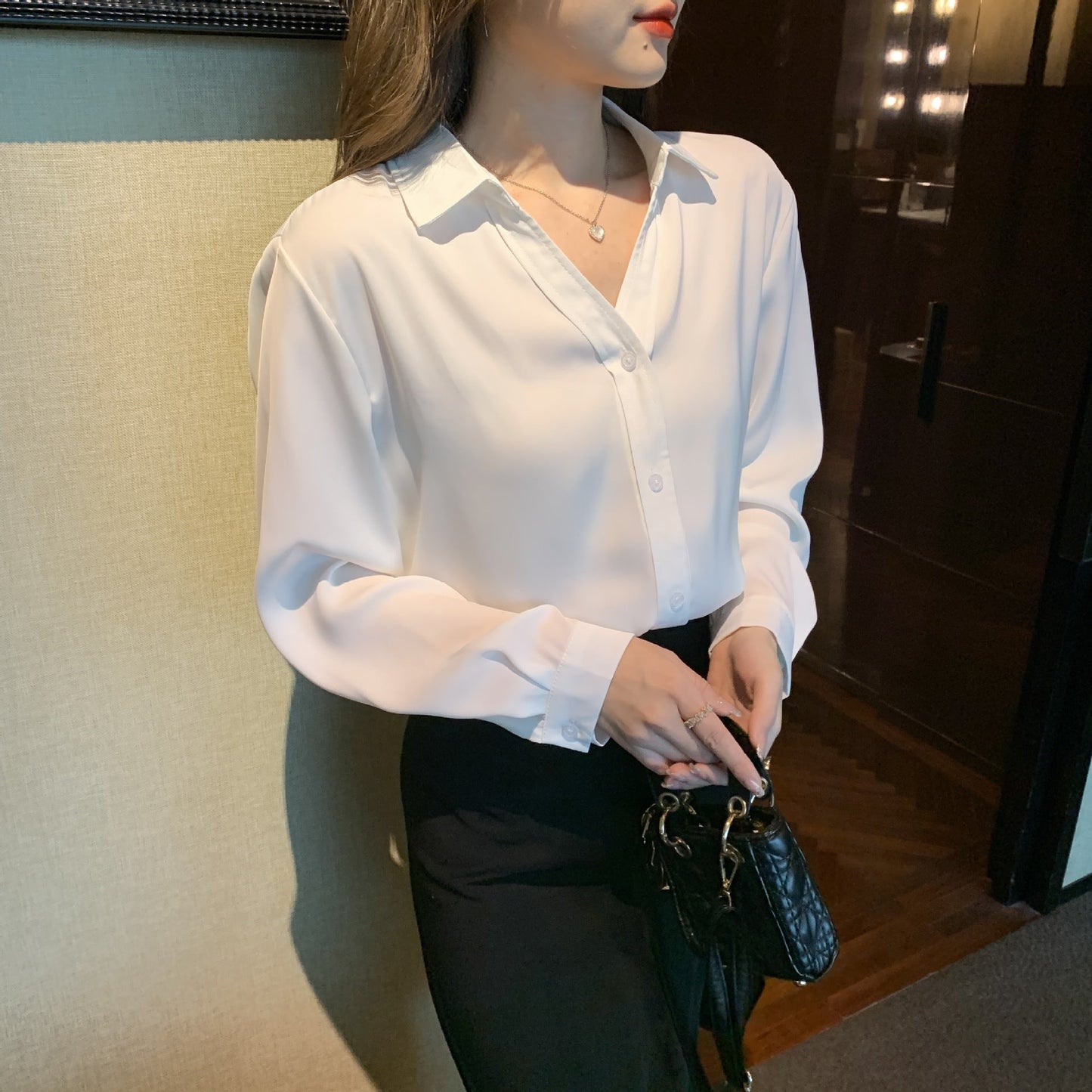 Damen Bluse Elegante V-Ausschnitt Feines Jersey Weiß