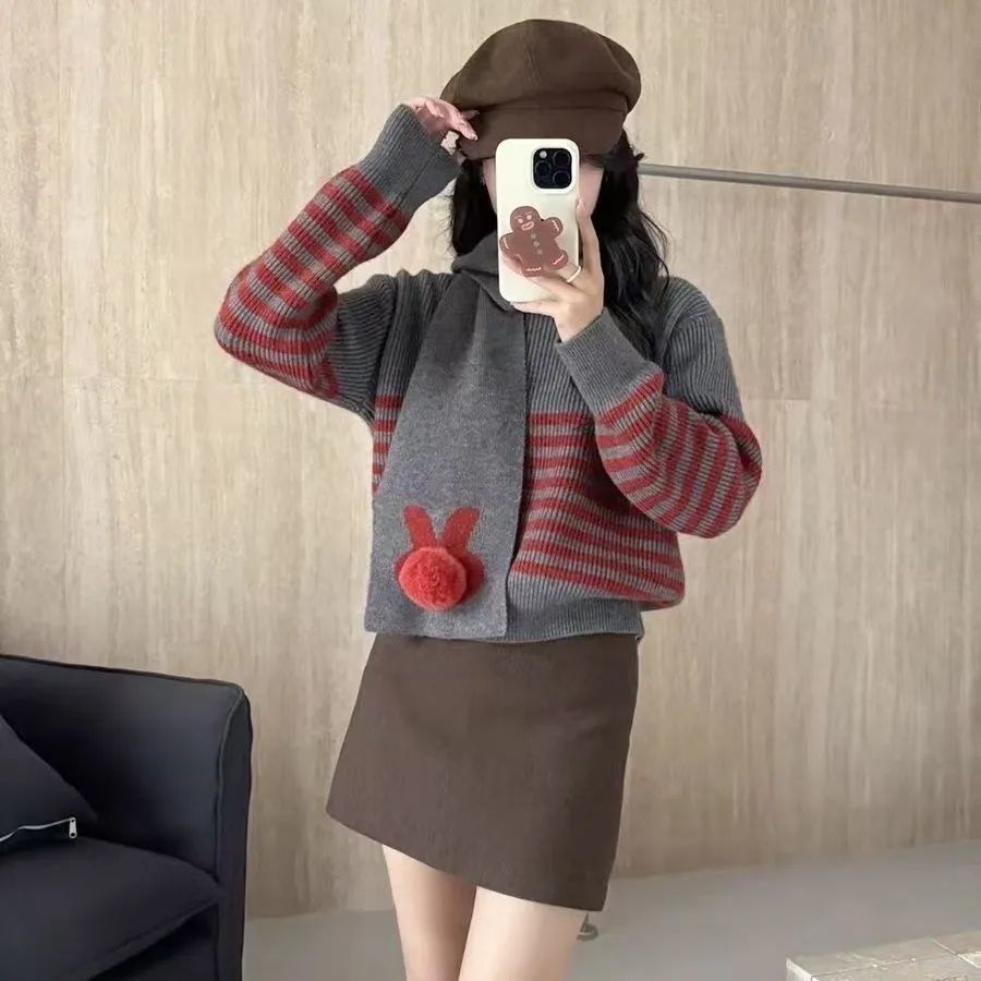 Damen Strickpullover Mit Hohem Kragen Auffällige Streifen Norvielle