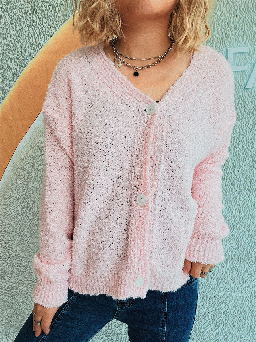 Damen Strickcardigan V-Ausschnitt Knöpfe Beige