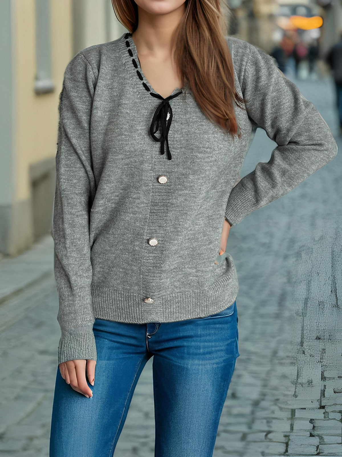 Damen Strickjacke Dekorative Knöpfe Kordelzug Norvielle
