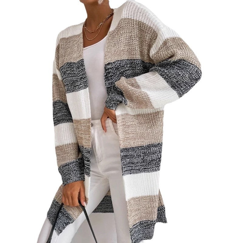 Damen Strickcardigan Lässiges Streifenmuster Offener Schnitt Beige