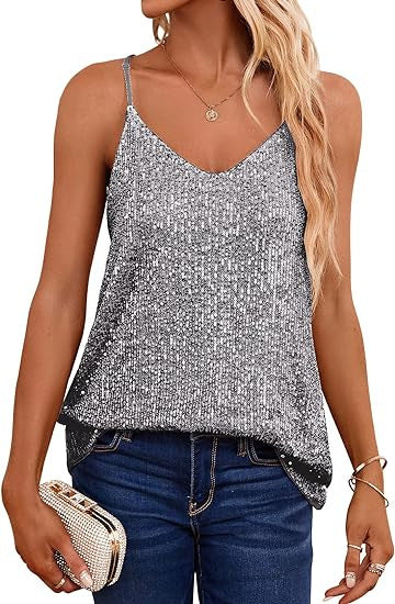 Damen Spaghetti-Trägertop V-Ausschnitt Glitzerdetails
