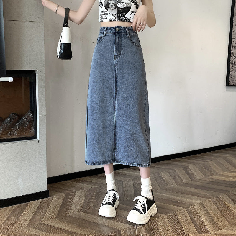 Damen Denimrock Midi mit Vorderschlitz blau