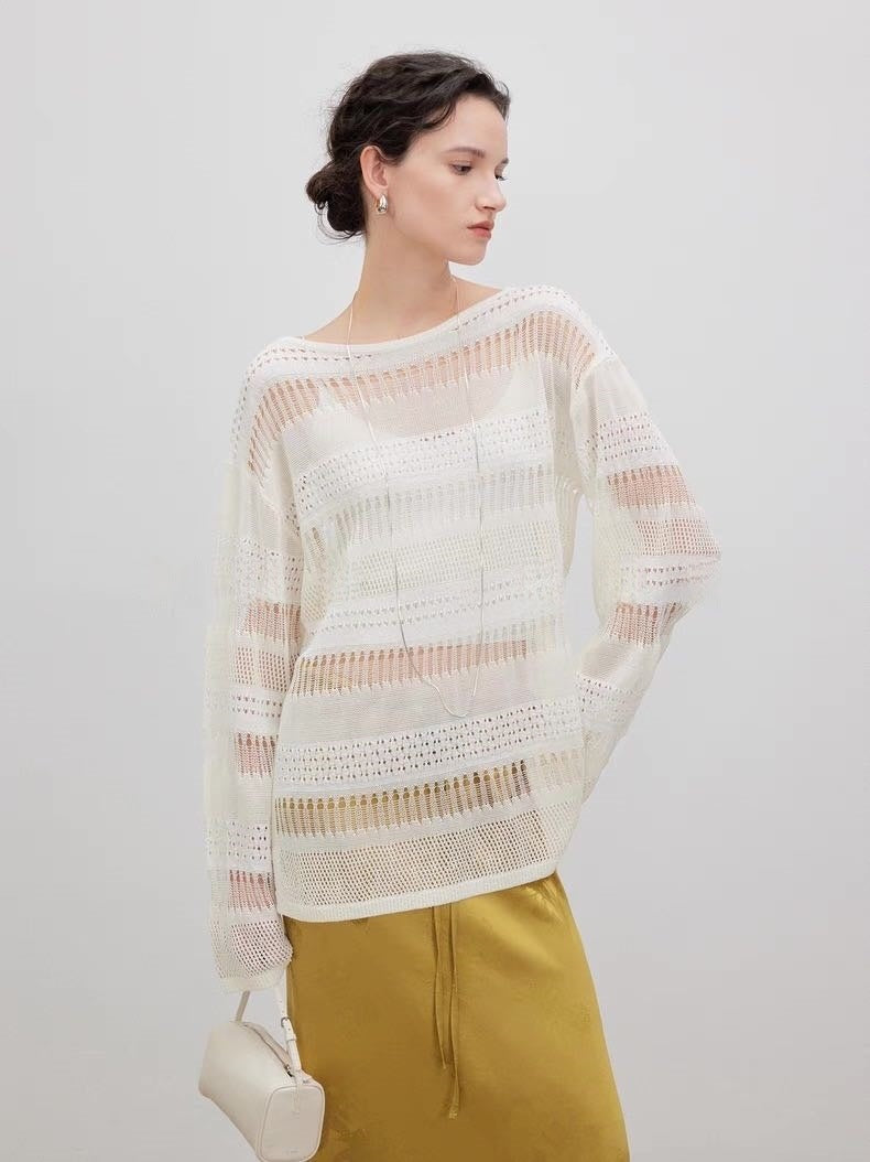 Damen Strickpulli Luftiger Look Lochmuster Beige