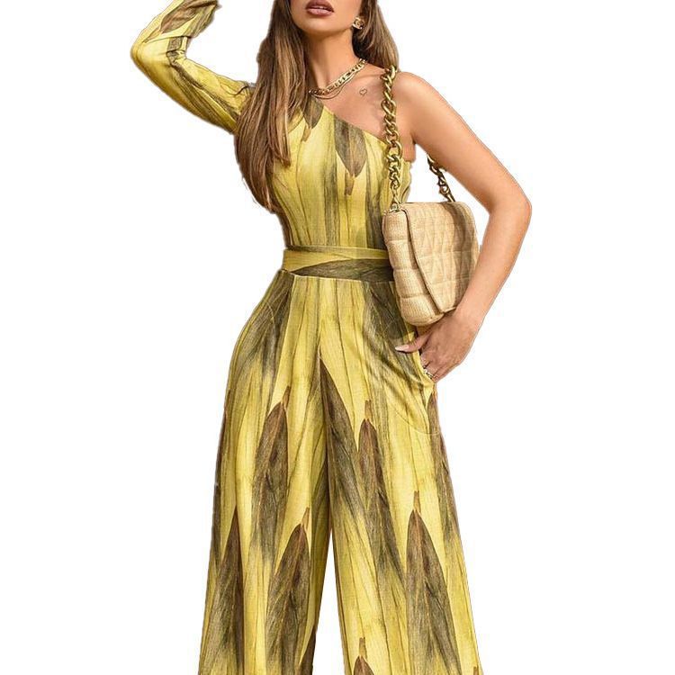 Damen Jumpsuit Asymmetrisch Botanischer Druck Norvielle