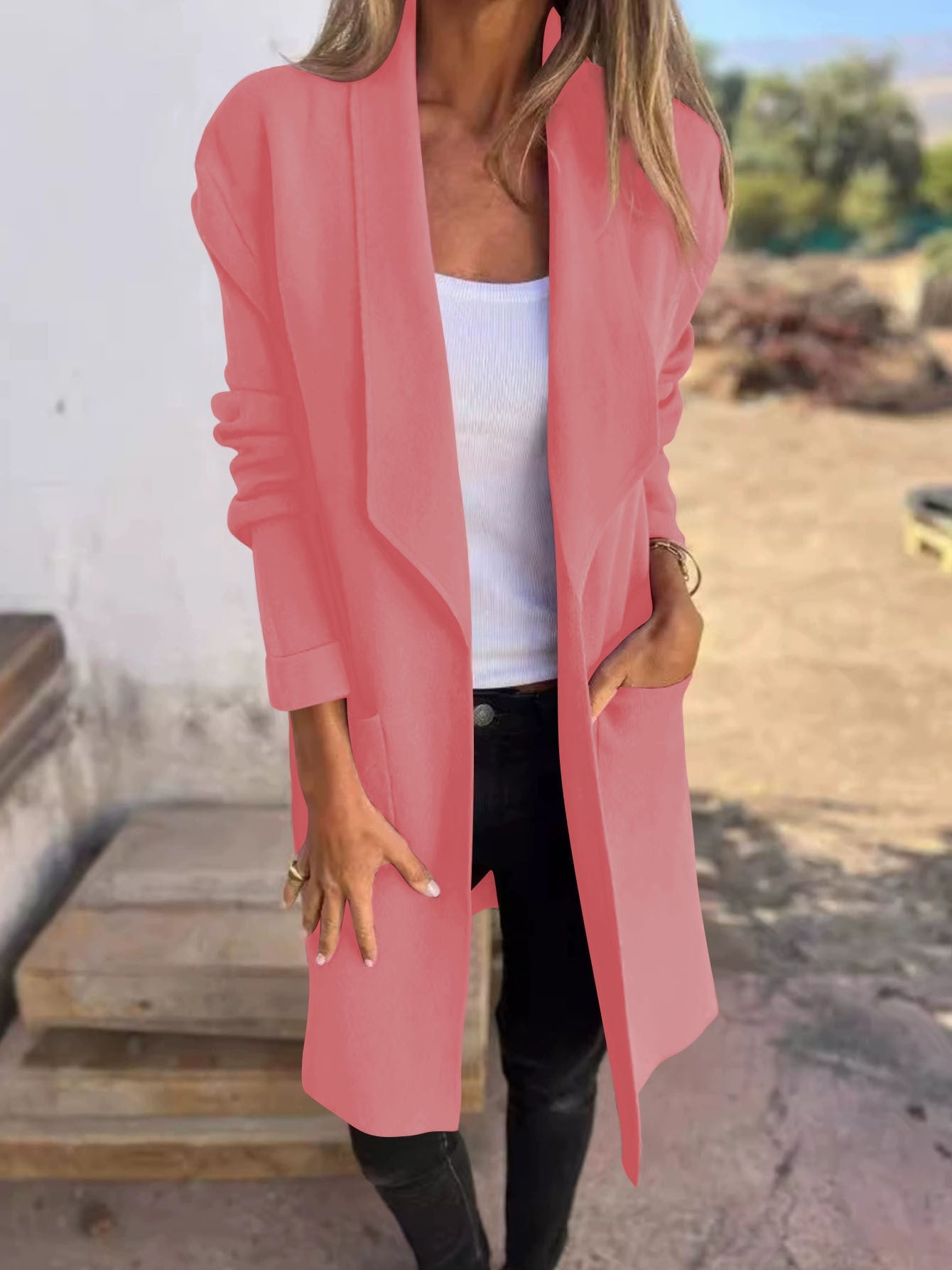 Damen Oversized-Mantel mit Eingrifftaschen Offener Kragen