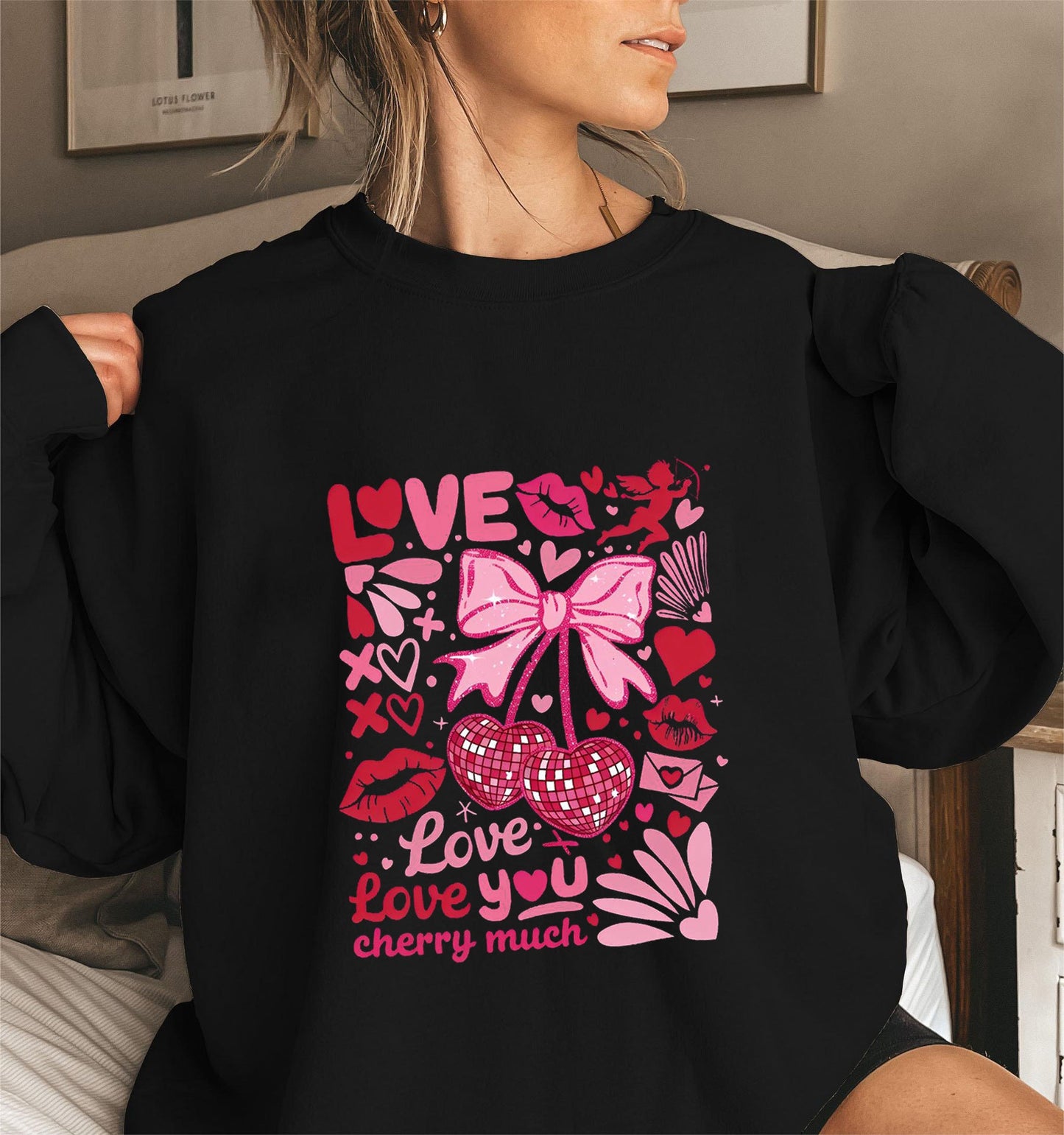 Damen Sweatshirt Voluminöse Ärmel Kirschmotiv Grün