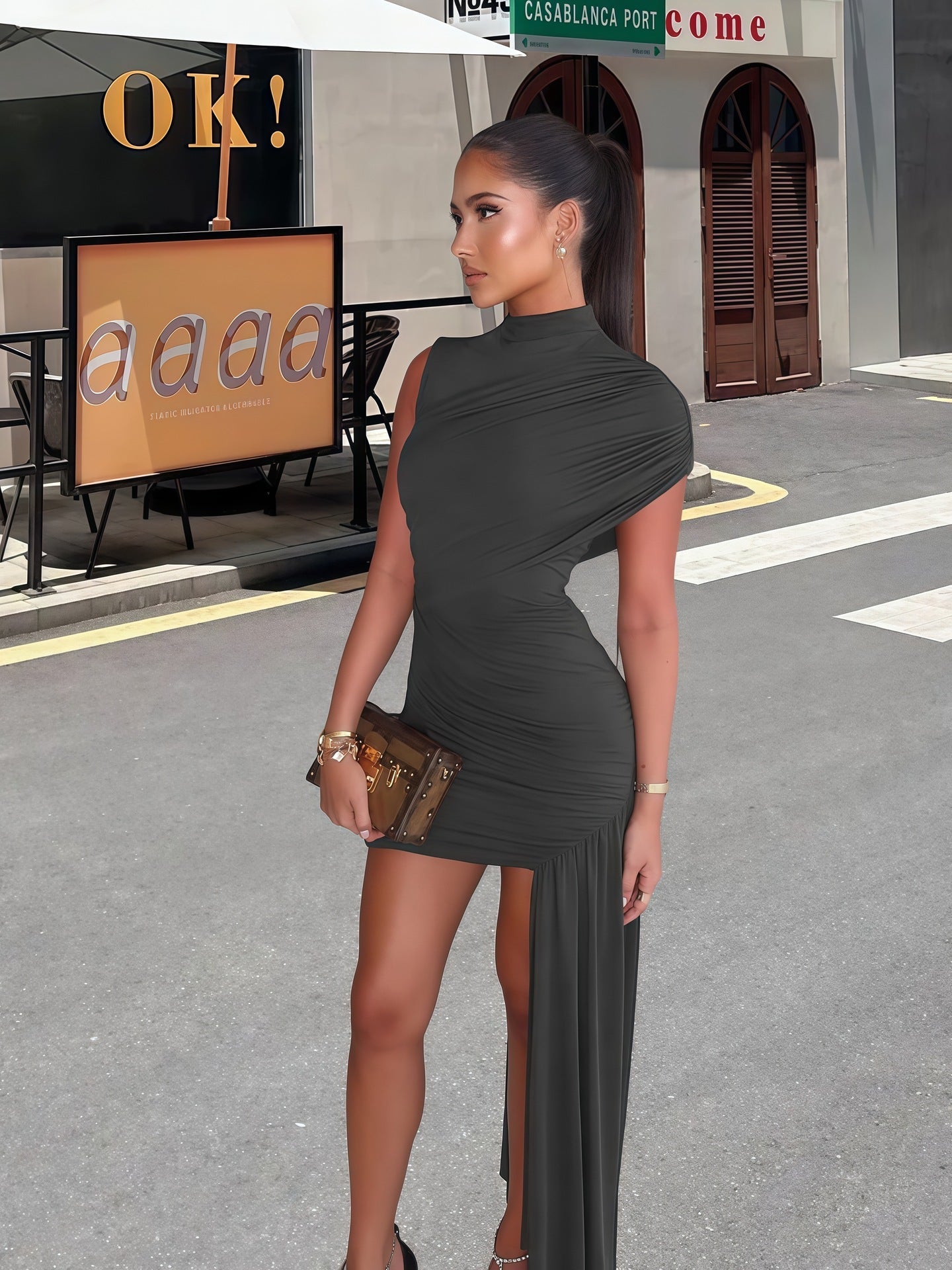 Damen Minikleid Asymmetrischer Schnitt Raffungen Norvielle