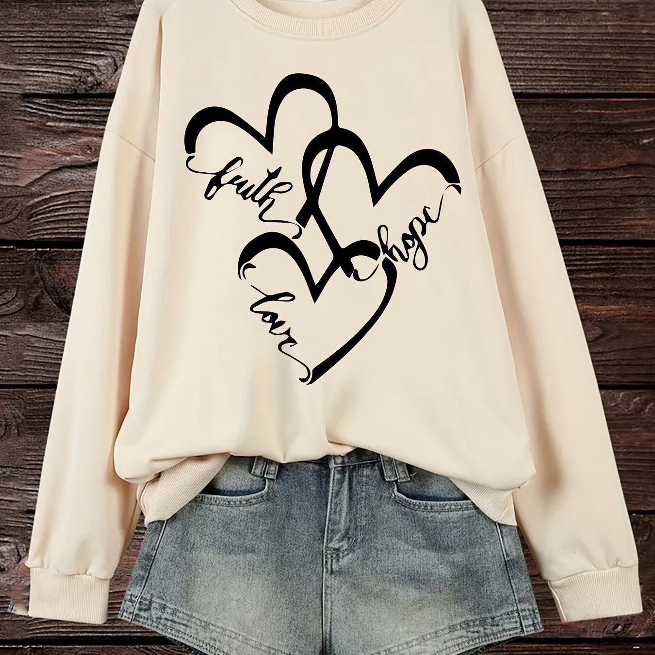 Damen Sweatshirt Romantische Herzen Aufdruck Rosa