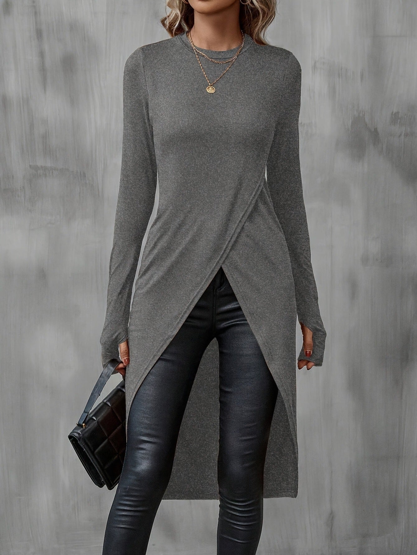 Damen Wickelkleid Langarm Asymmetrisch