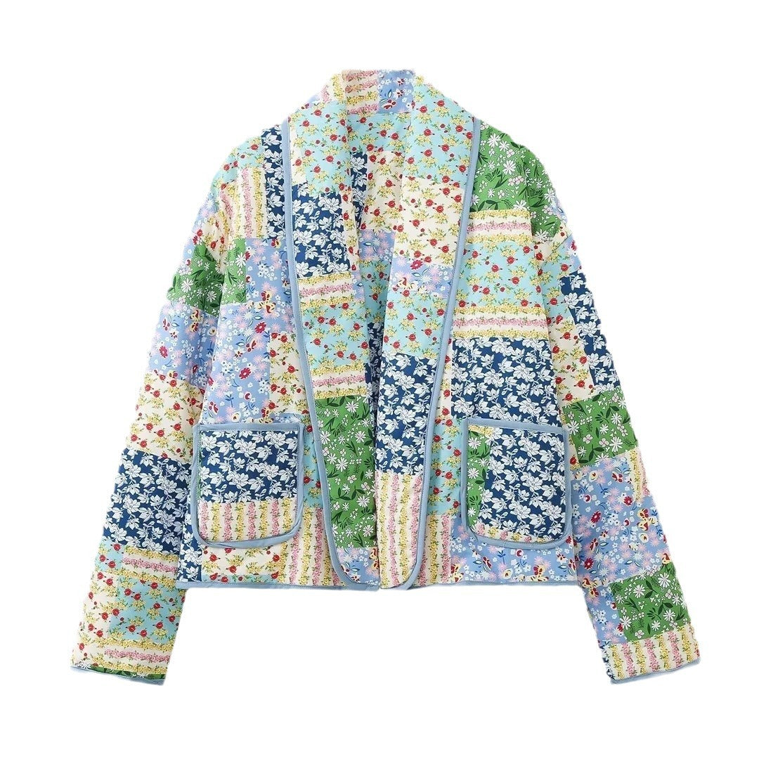 Damen Kimono-Jacke Patchwork Romantisch Mit Taschen Beige