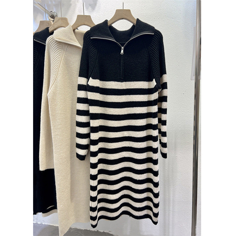 Damen Strickkleid Moderner Stehkragen Reißverschluss