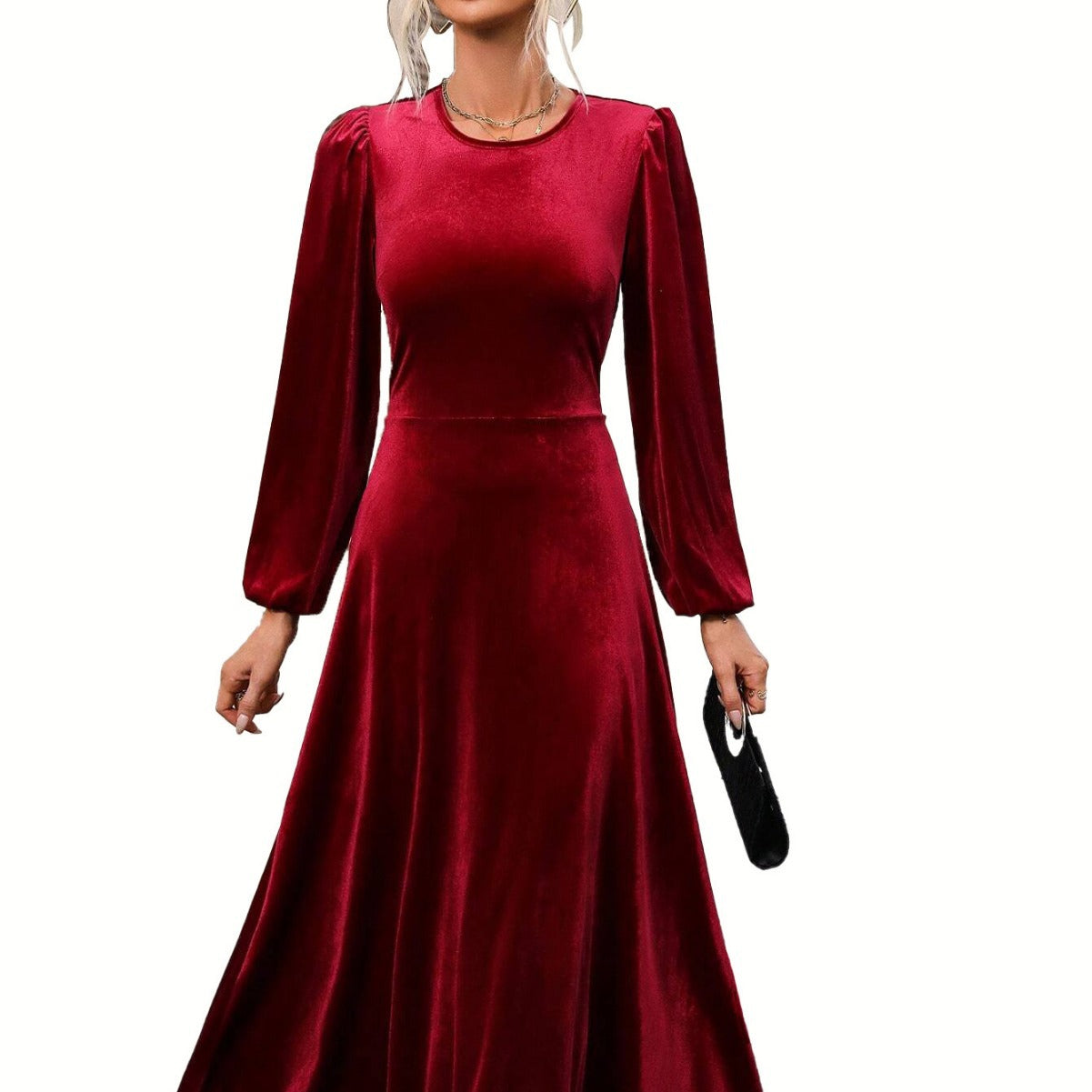 Damen Abendkleid Velour Langärmlig Schwingrock