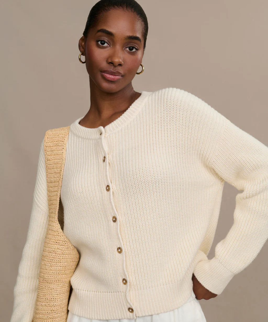 Damen Strickjacke Knopfverschluss Elegantes Design Beige