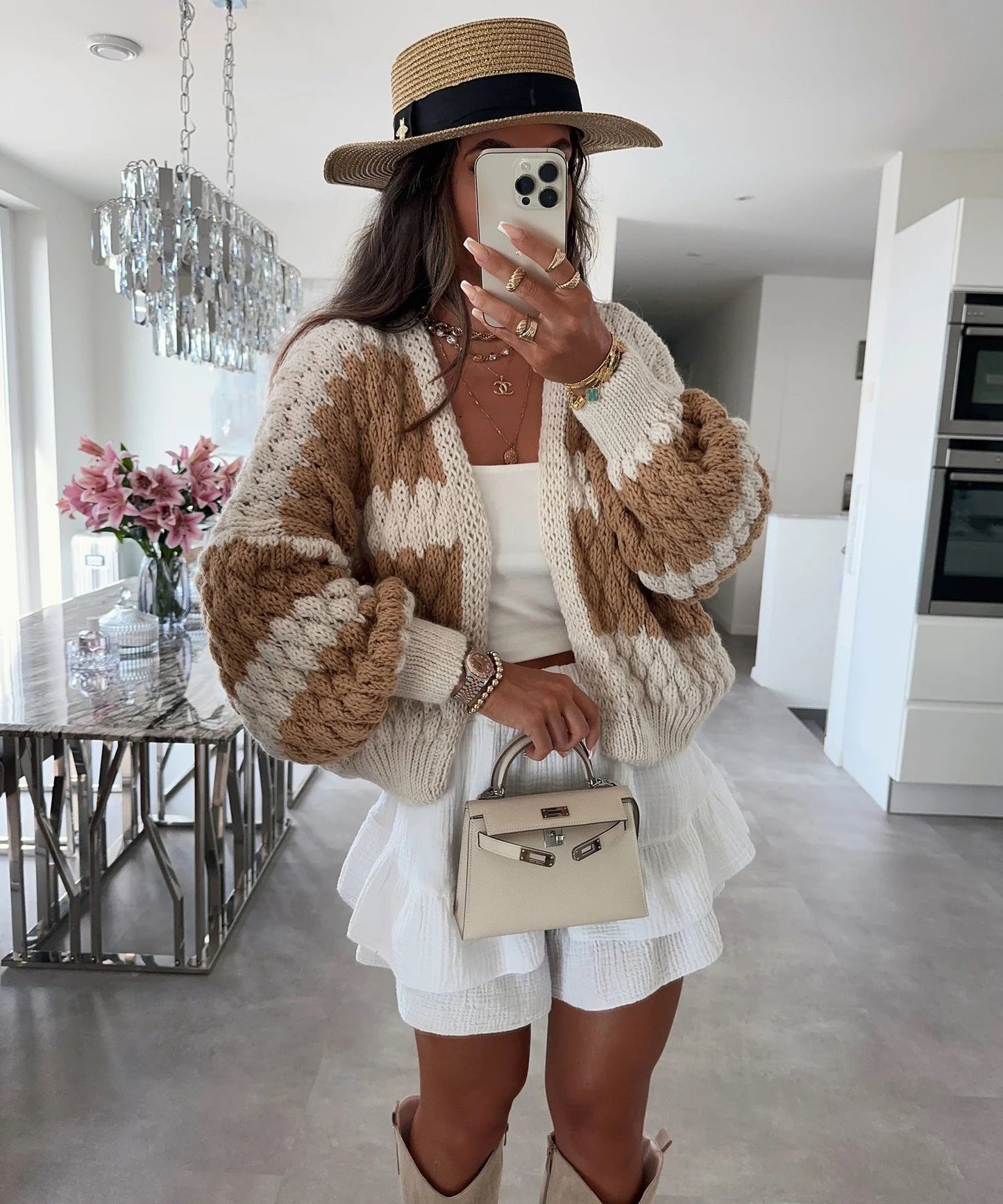 Damen Strickcardigan Oversized Zopfmuster Beige