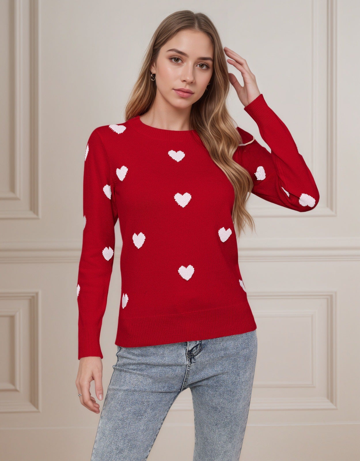 Damen Strickpullover Herz-Design Feinweiß