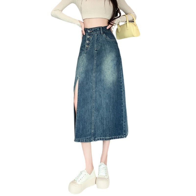 Damen Denim-Rock Lang Mit Frontschlitz