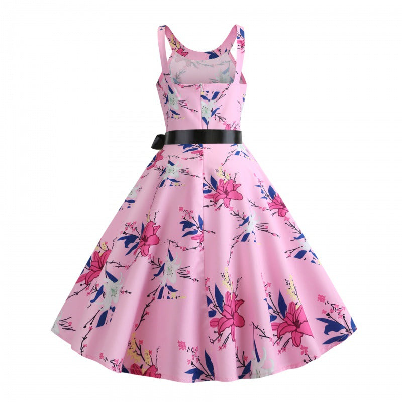 Damen A-Linien Kleid Floralmuster Eleganter Taillengürtel