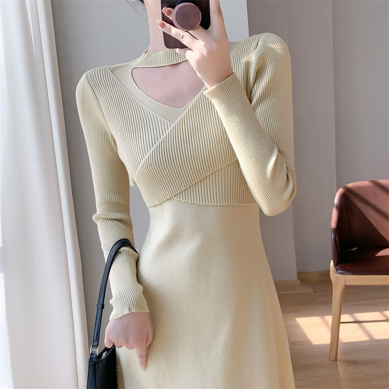 Damen Strickkleid Wickeldesign Cut-Out