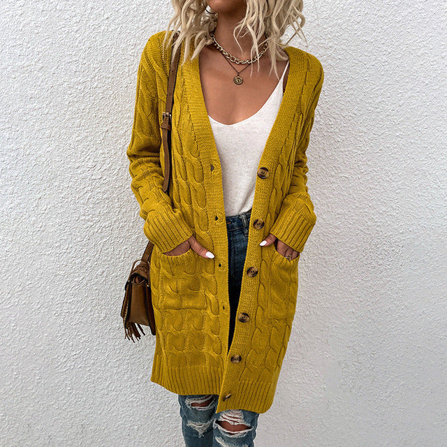 Damen Langcardigan Strick mit Knöpfen und Taschen