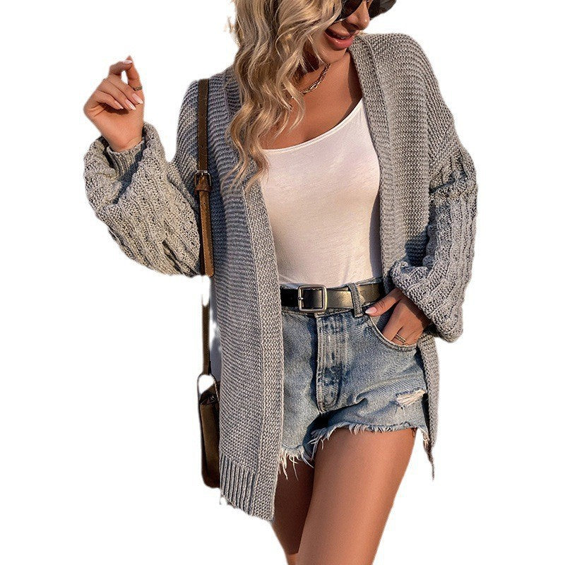 Damen Grobstrick Cardigan Offene Front Kabelmuster Beige