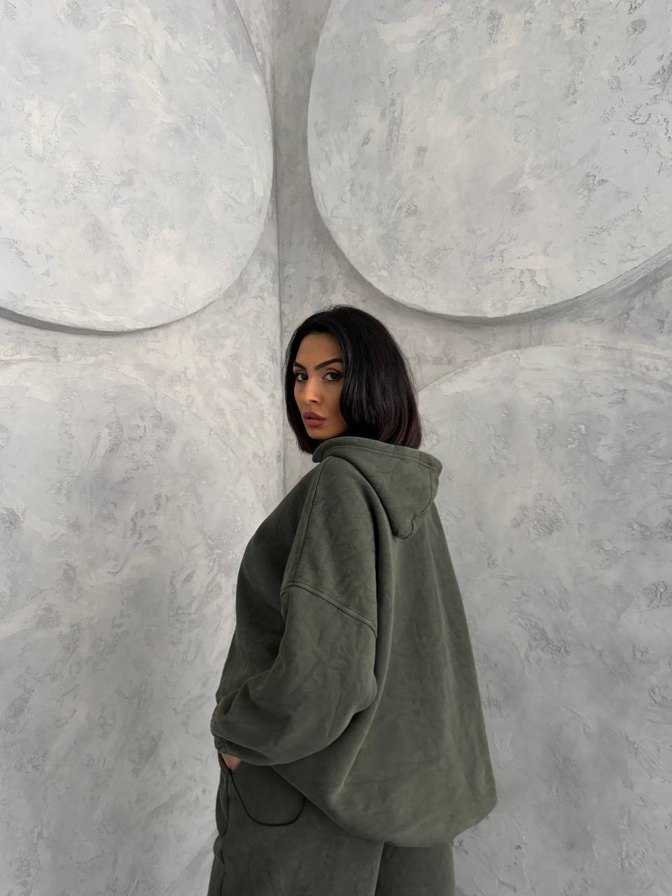 Damen Oversized Loungewear Set mit Kapuze elastisch Beige