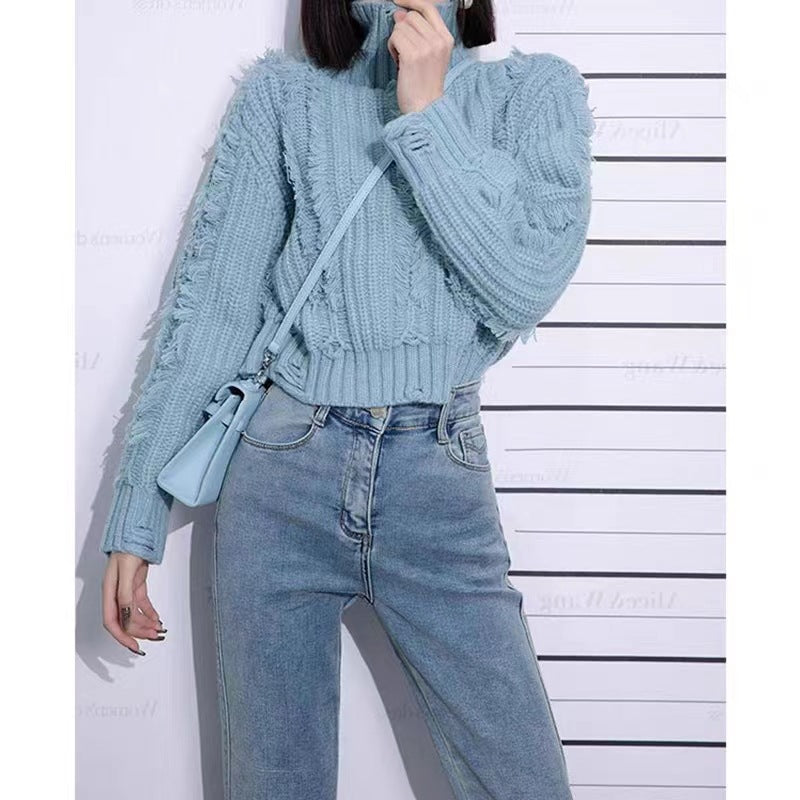 Damen Grobstrickpullover Hochkragen Fransen Norvielle