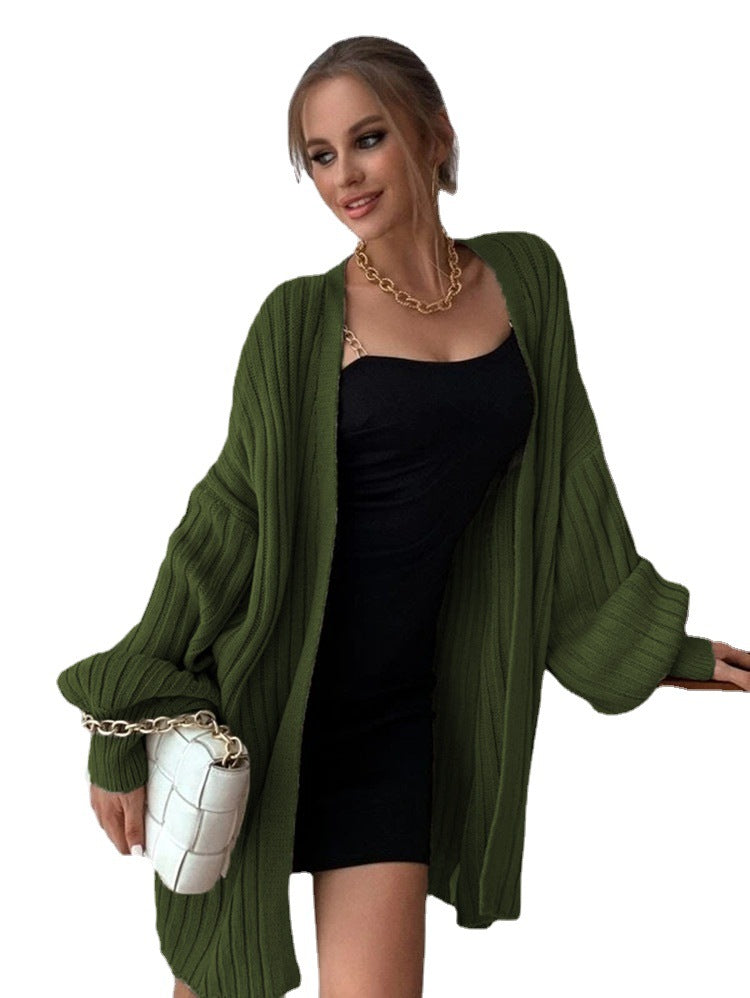 Damen Grobstrick Cardigan Offener Schnitt Voluminöse Ärmel