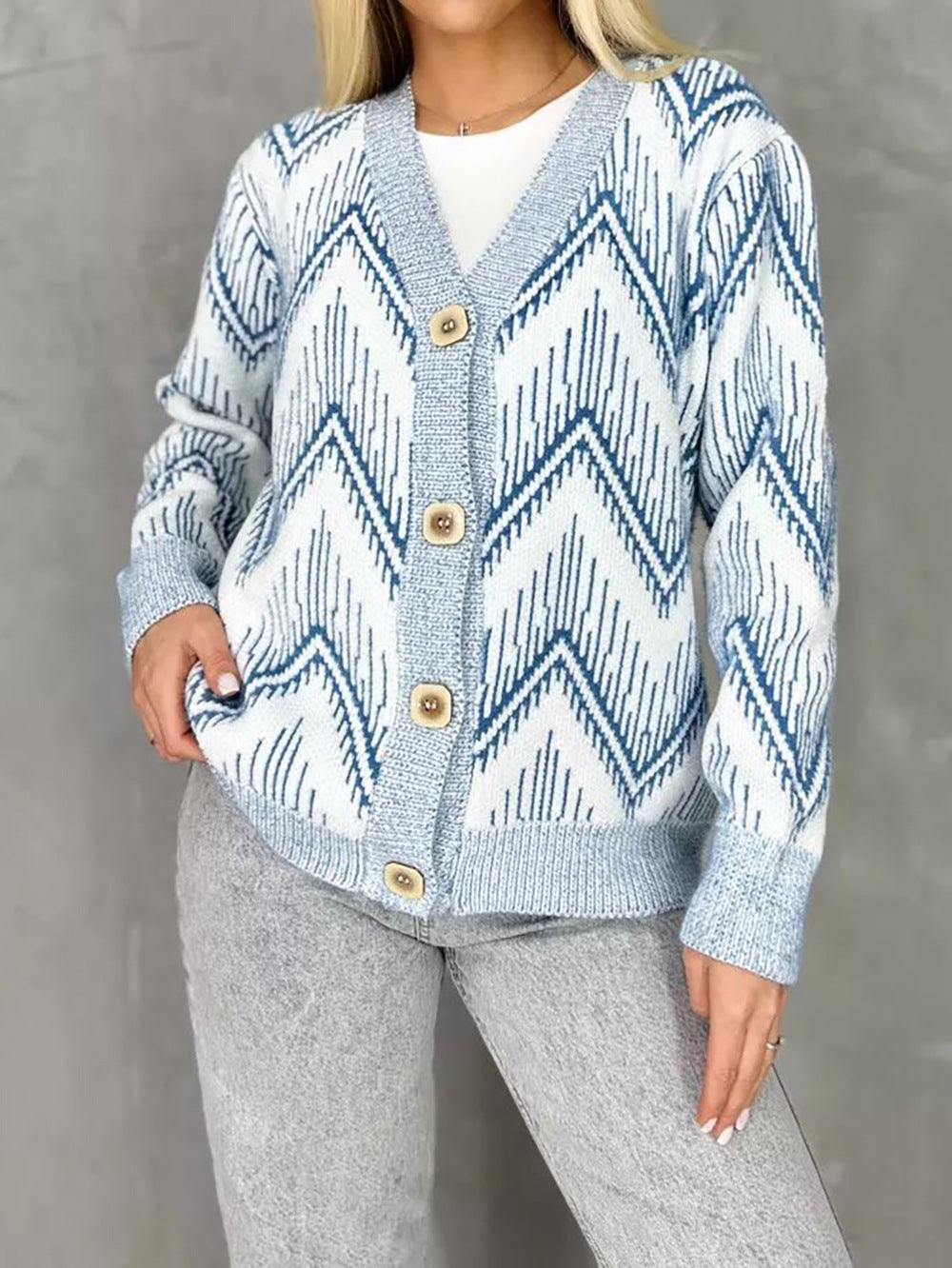 Damen Strickjacke Zigzag-Muster Knöpfe Beige