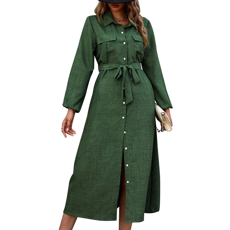 Damen Hemdblusenkleid Langarm Mit Bindegürtel Schlitz