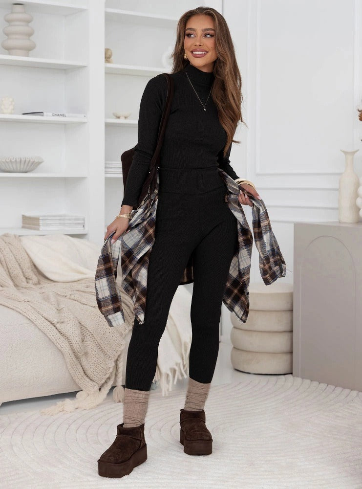 Damen Leggings-Set mit Hochgeschlossenem Oberteil Rippstruktur