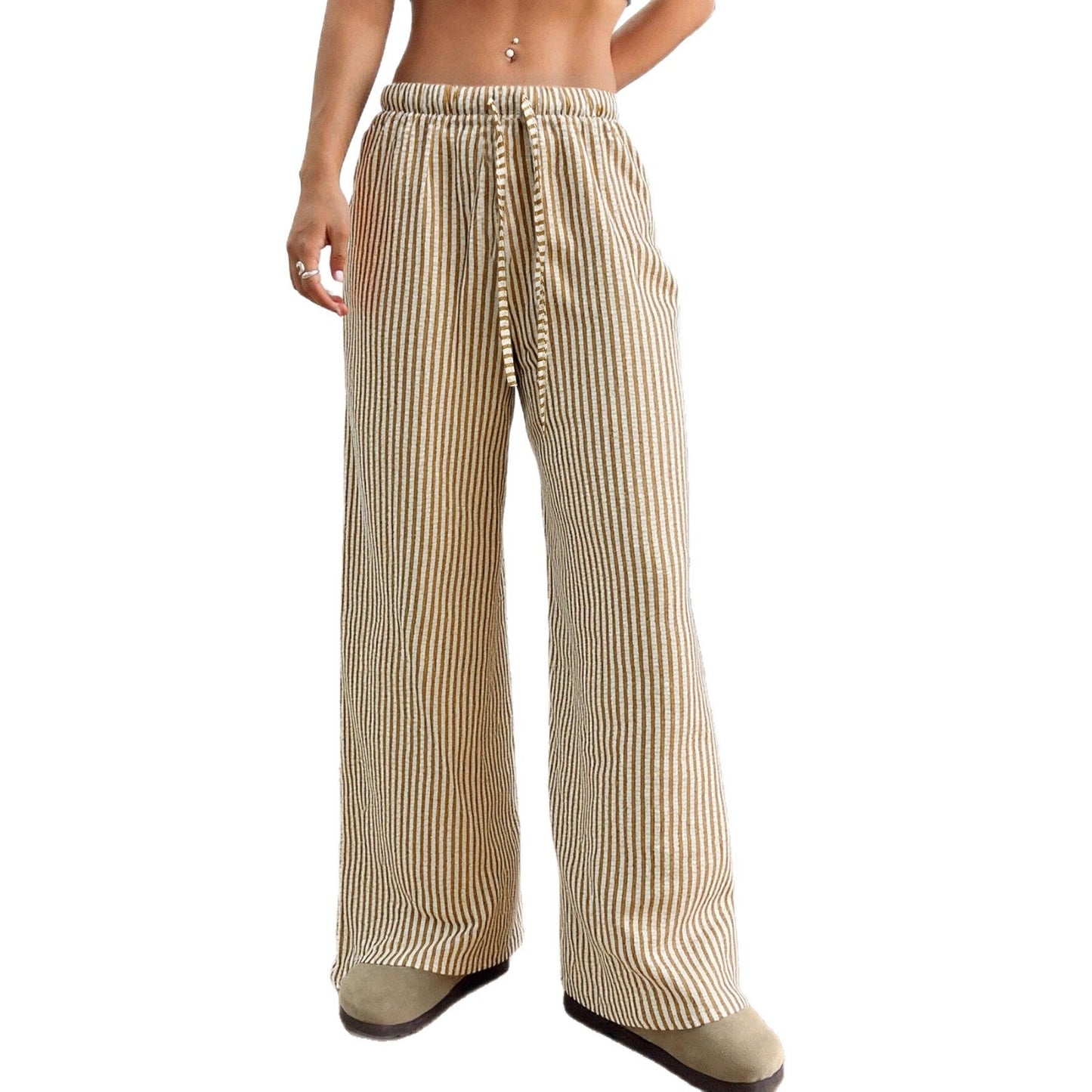 Damen Hohe Bundhose Gestreift Weiß