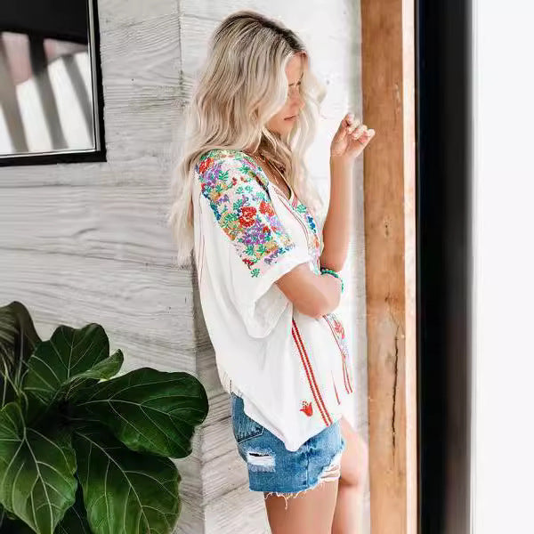 Damen Bluse V-Ausschnitt Florale Stickerei Elegante Sommerbluse