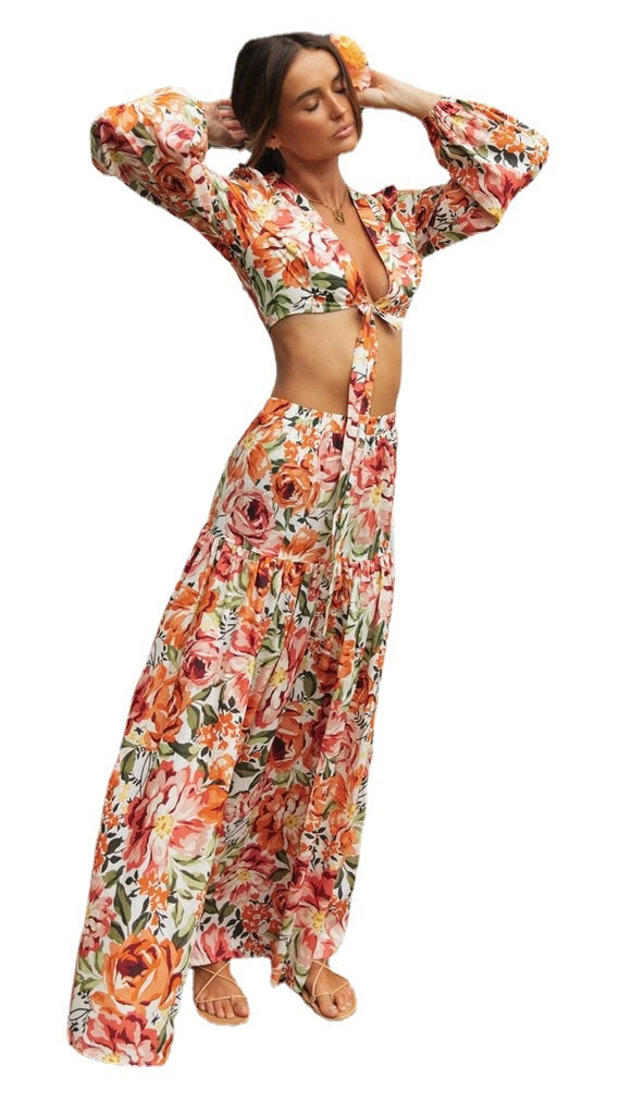 Damen Maxikleid Boho-Stil mit Volant und Puffärmeln Norvielle