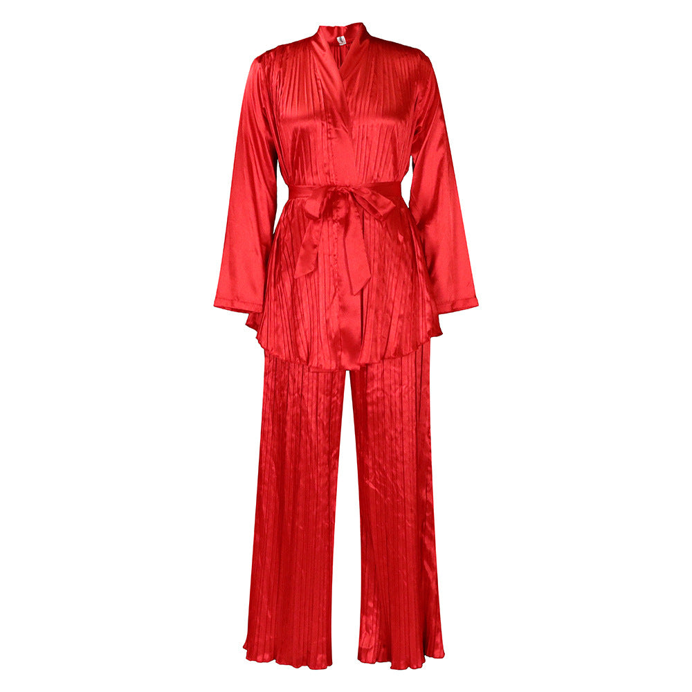 Damen Schlafanzug Satin Plisseefalten Norvielle
