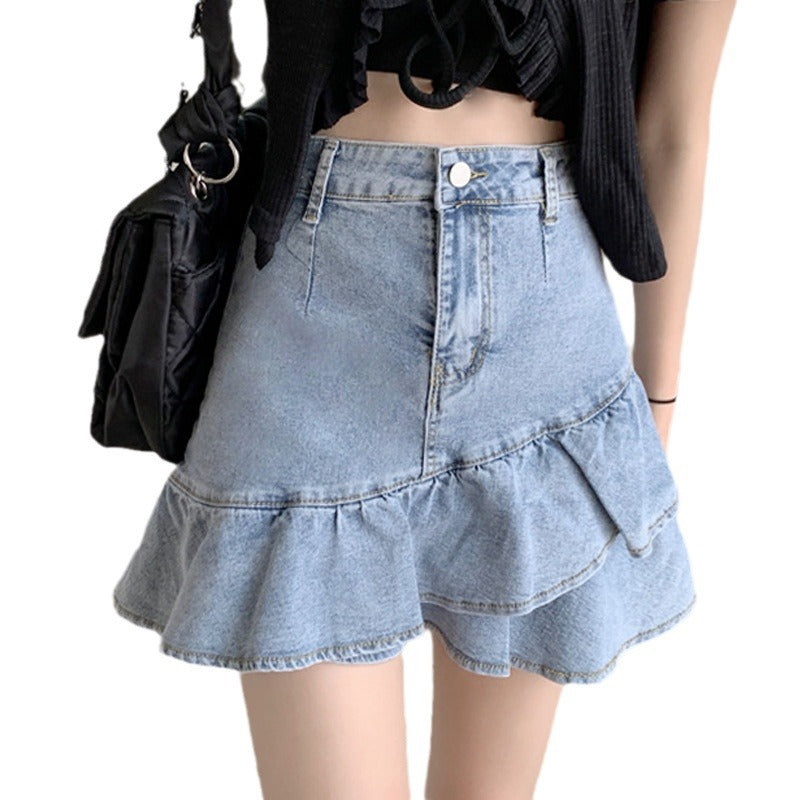 Damen Jeansrock Voluminöser Rüschensaum Knopfbarem Bund
