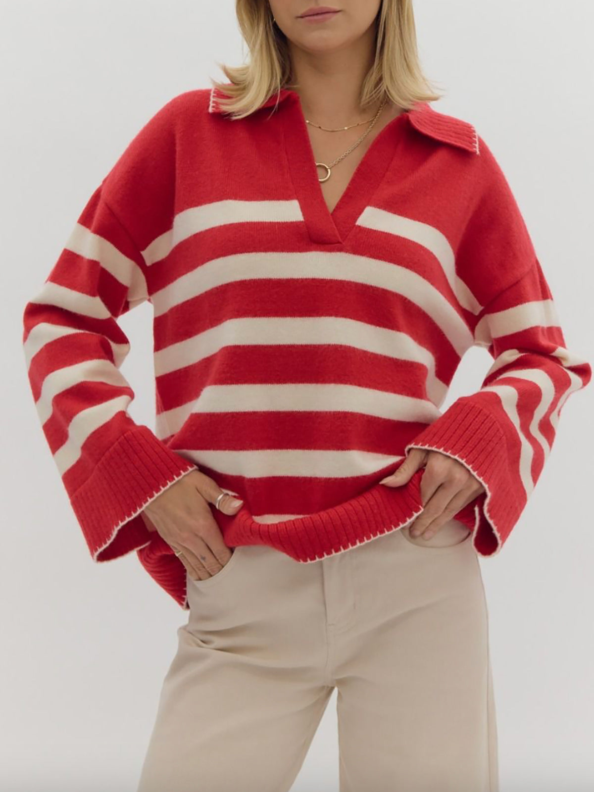 Damen Strickpullover V-Ausschnitt Breites Streifenmuster Norvielle