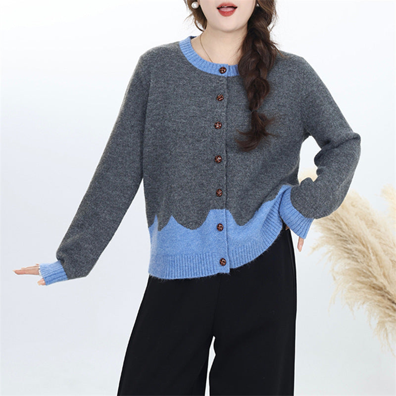 Damen Strickjacke Bunt Wellenmuster Knöpfe
