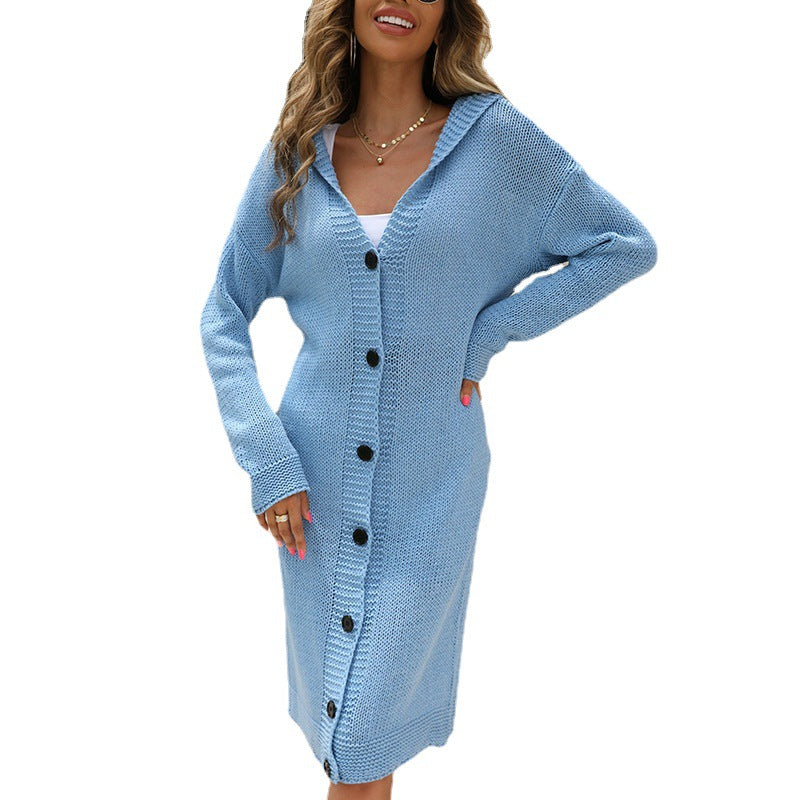 Damen Strickjacke Lange Kapuze Grobstrick Elegantes Design