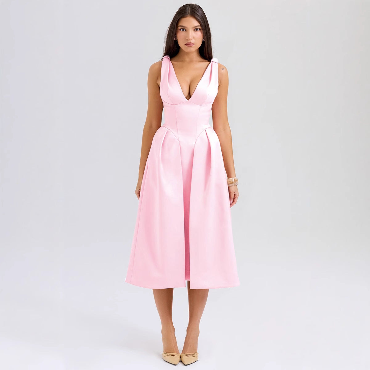 Damen Midikleid V-Ausschnitt Falten Norvielle