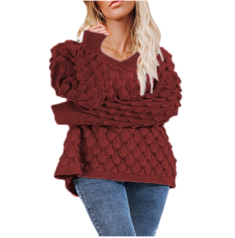 Damen Grobstrickpullover V-Ausschnitt Wellenmuster Norvielle