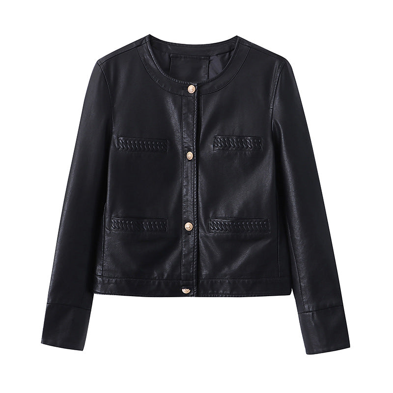 Damen Lederjacke Moderner Stil Dekorative Taschen Elegant