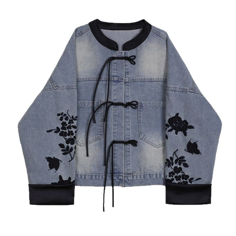 Damen Denimjacke mit Stickereien Bündchen Blumenmuster