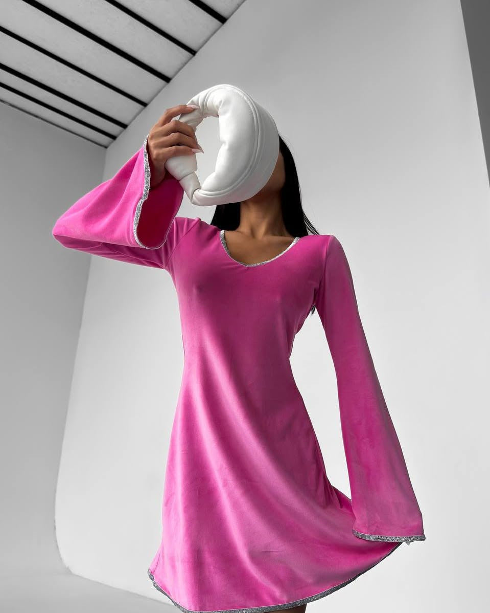 Damen Minikleid V-Ausschnitt Oversized Ärmel