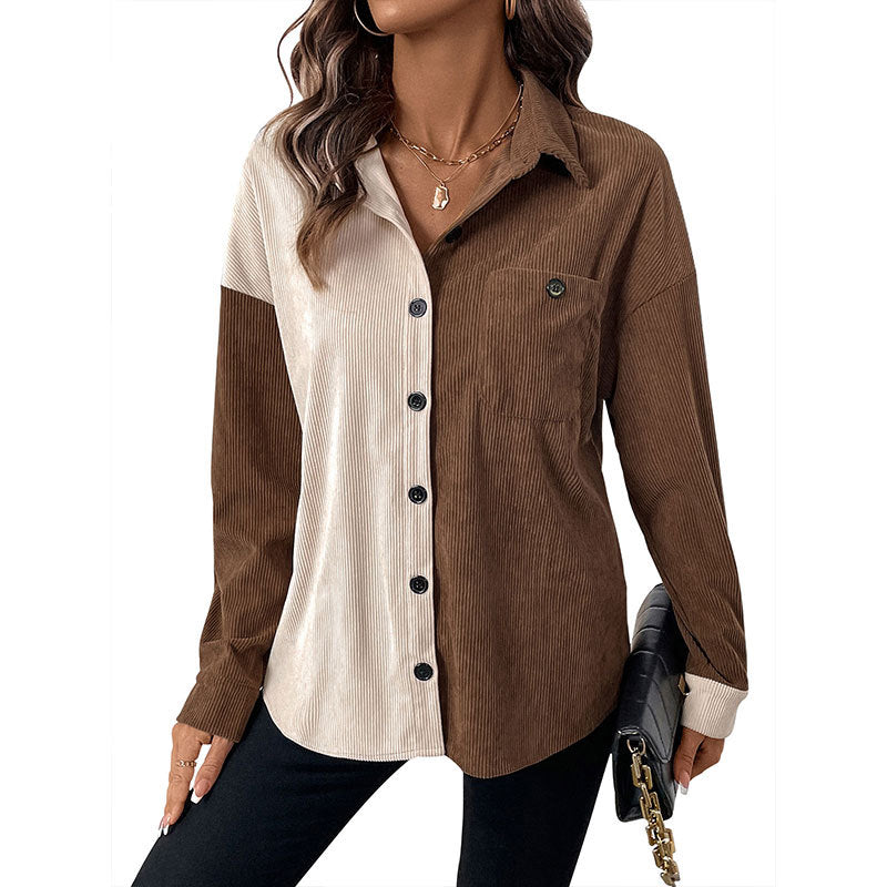 Damen Cordbluse Kontrastdetails Baumwolle Beige