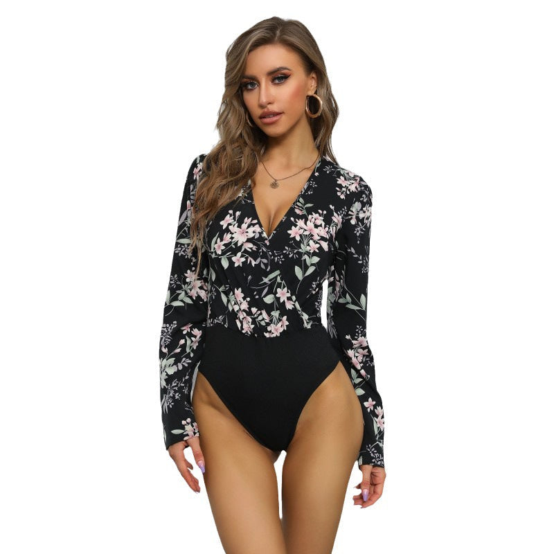 Damen Bluse Floralmuster V-Ausschnitt