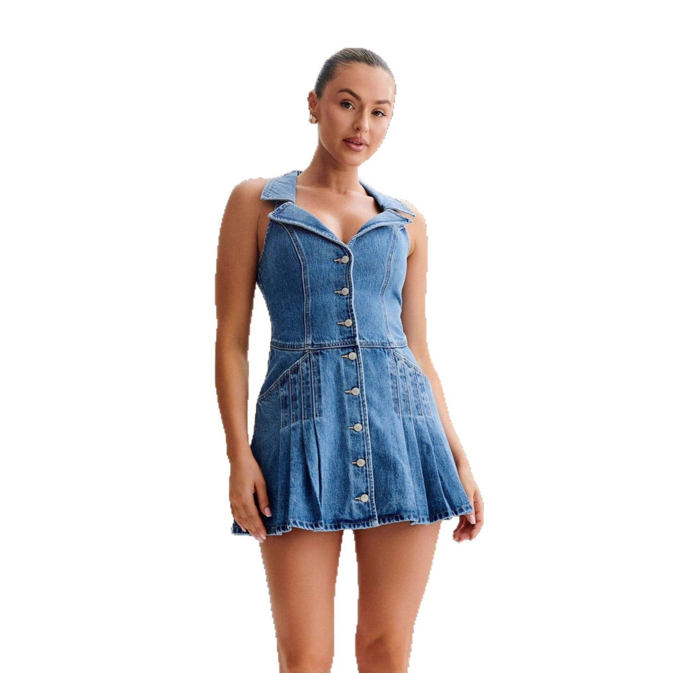 Damen Denim-Kleid Tailliert Knöpfe