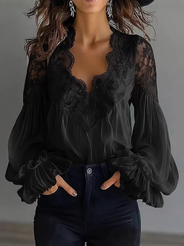 Damen Spitzenbluse Voluminöse Ärmel Florale Muster Weiß